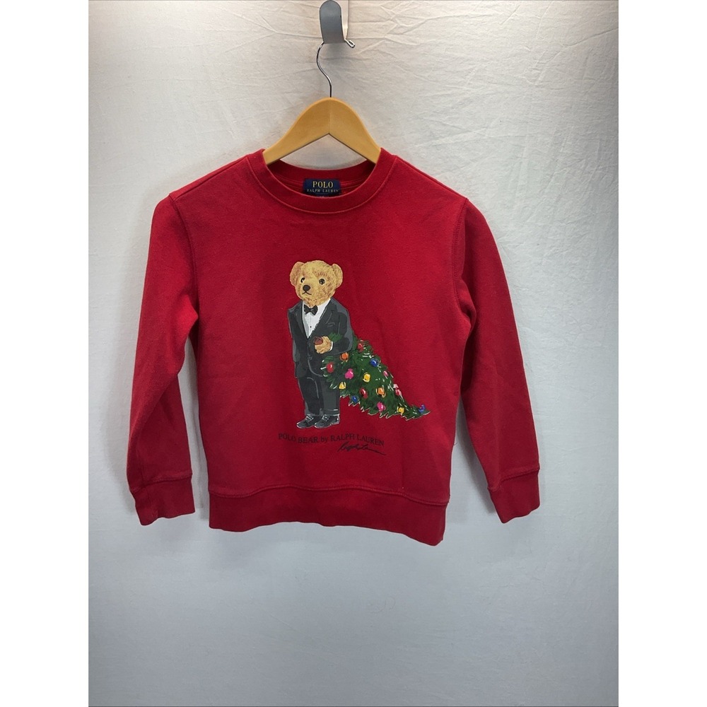 Polo by Ralph Lauren Red Holiday Bear Christmas Tree Crew Sweatshirt kids S(8)